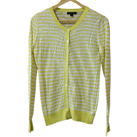 Banana Republic Yellow and White Striped Preppy Lightweight Cardigan Medium - Picture 1 of 10